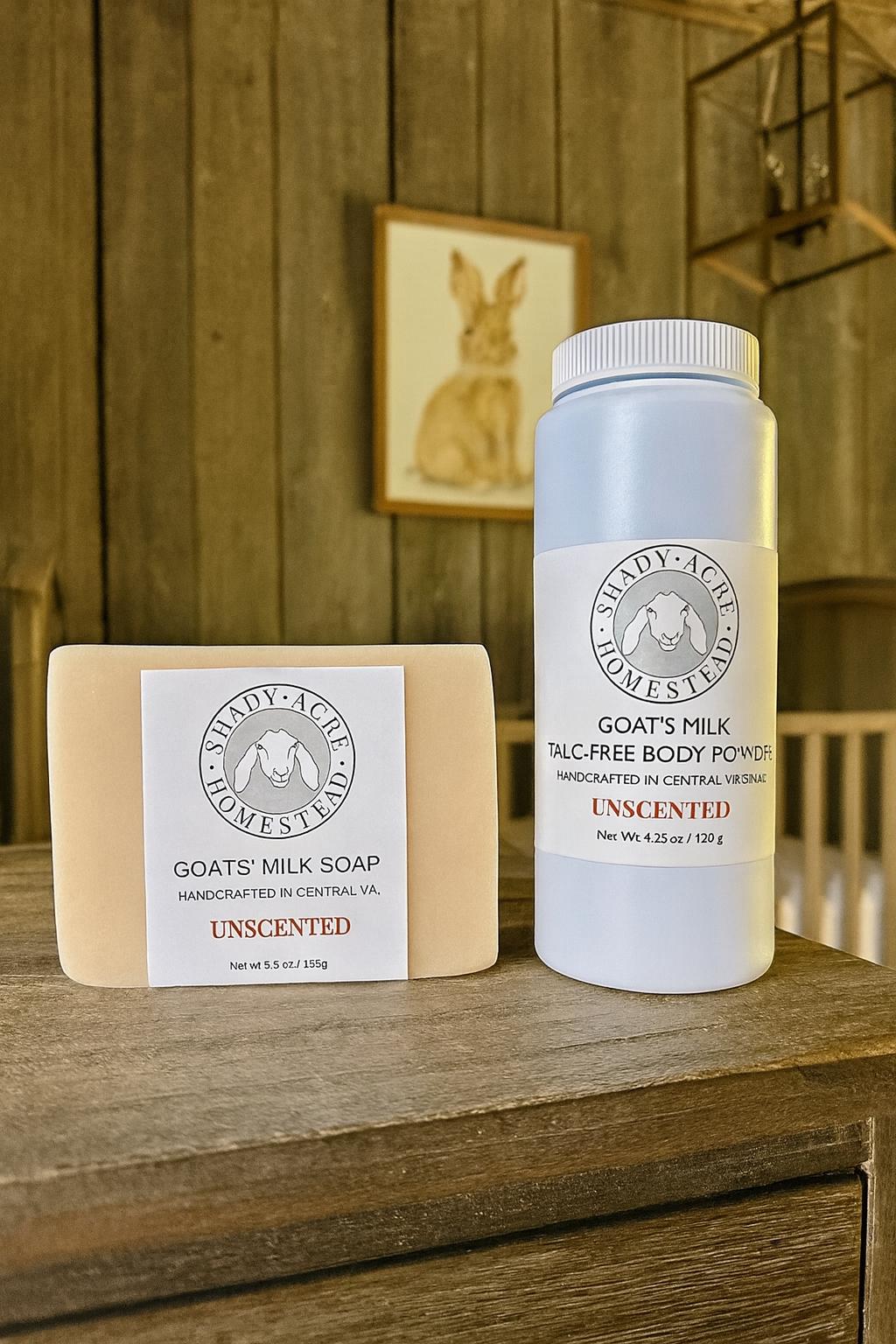 Natural Baby Gift Set | Unscented Goat Milk Soap & Talc-Free Powder | Fragrance-Free Bath Body Care for Sensitive Skin