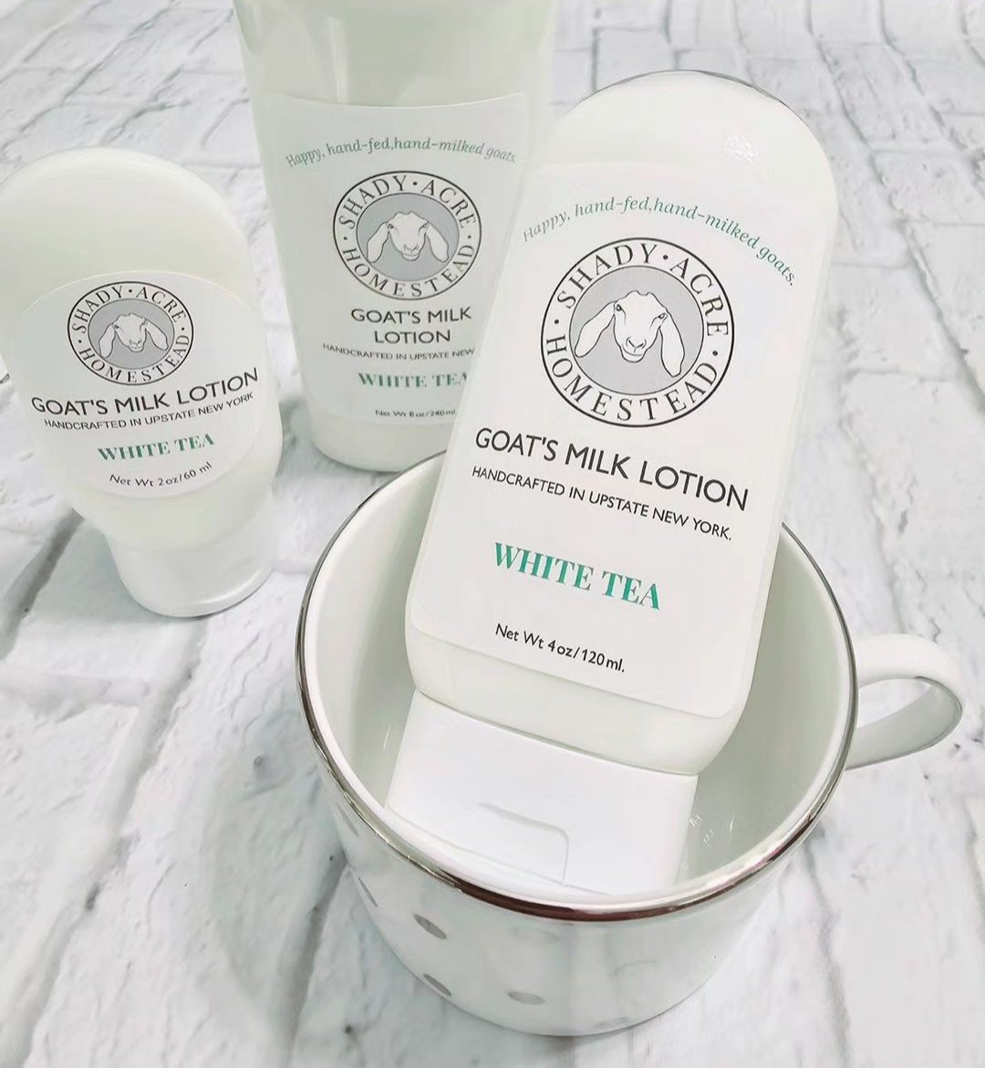 Shady Acre Homestead goat's milk lotion products in white containers with white tea fragrance, placed on a white surface.